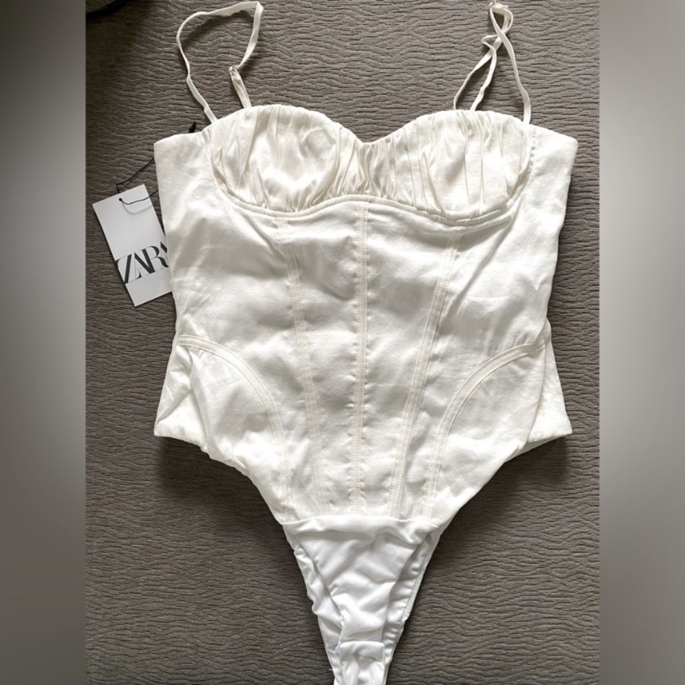Stunning Zara Stretch Satin Linen Blend Corset Bodysuit Bloggers Fave M